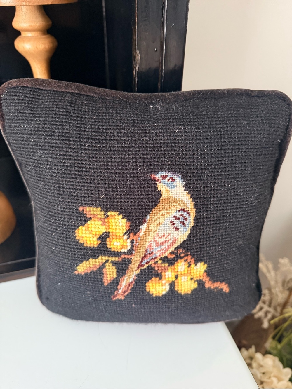 Small Decorative Bird Needlepoint Pillow - Black with Yellow Accent